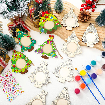 Qunclay 12 Pcs Unfinished Wood Christmas Picture Frame 12 Styles DIY Christmas Tree Photo Frame Wooden Ornaments with Paint Set for Xmas Tree Home Decoration