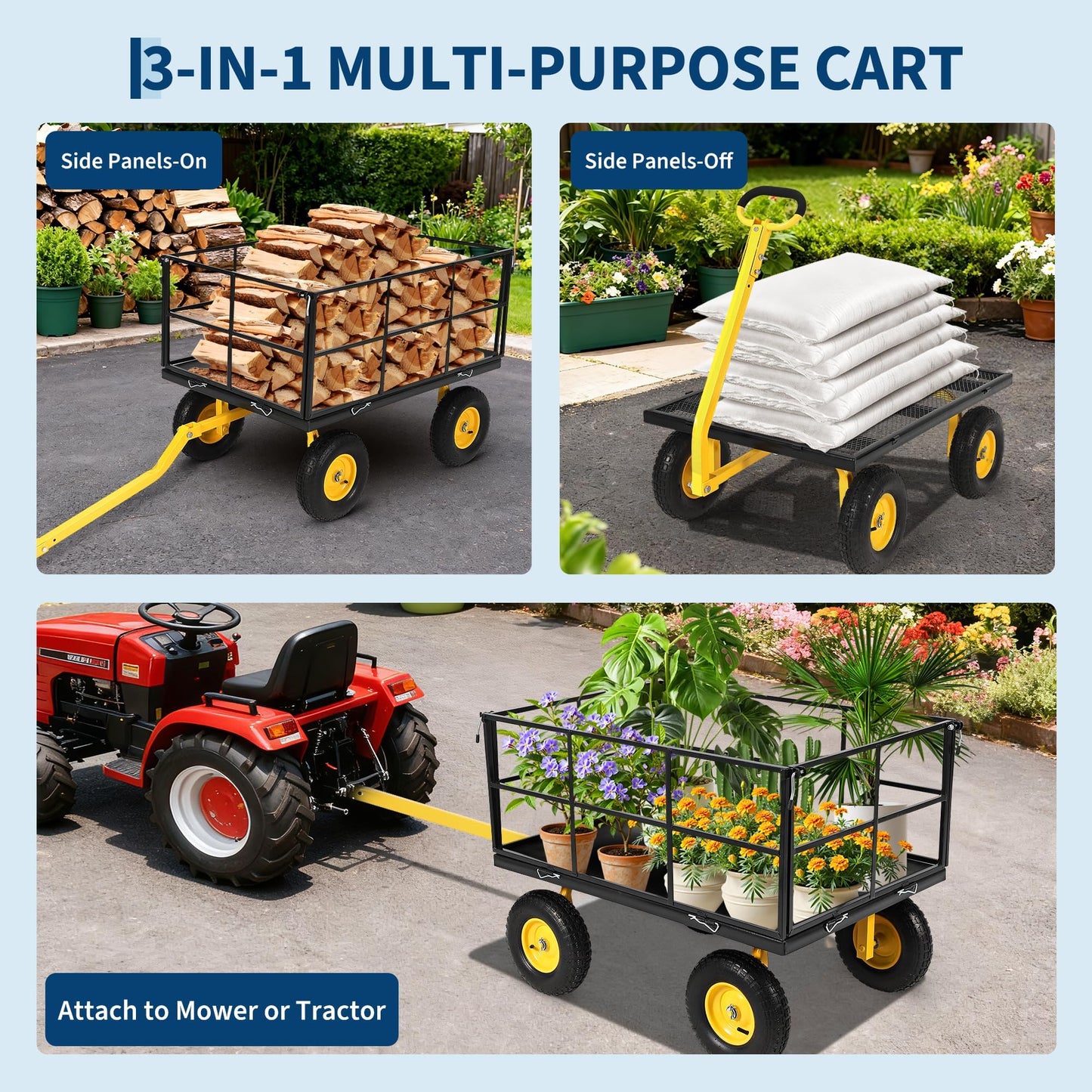 Heavy Duty 1500 Lbs Capacity Mesh Steel Garden Cart Folding Utility Wagon with Removable Sides and Wheels for Transporting Gardening Soil Tools and Plants