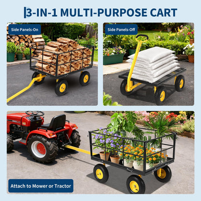 Heavy Duty 1500 Lbs Capacity Mesh Steel Garden Cart Folding Utility Wagon with Removable Sides and Wheels for Transporting Gardening Soil Tools and Plants