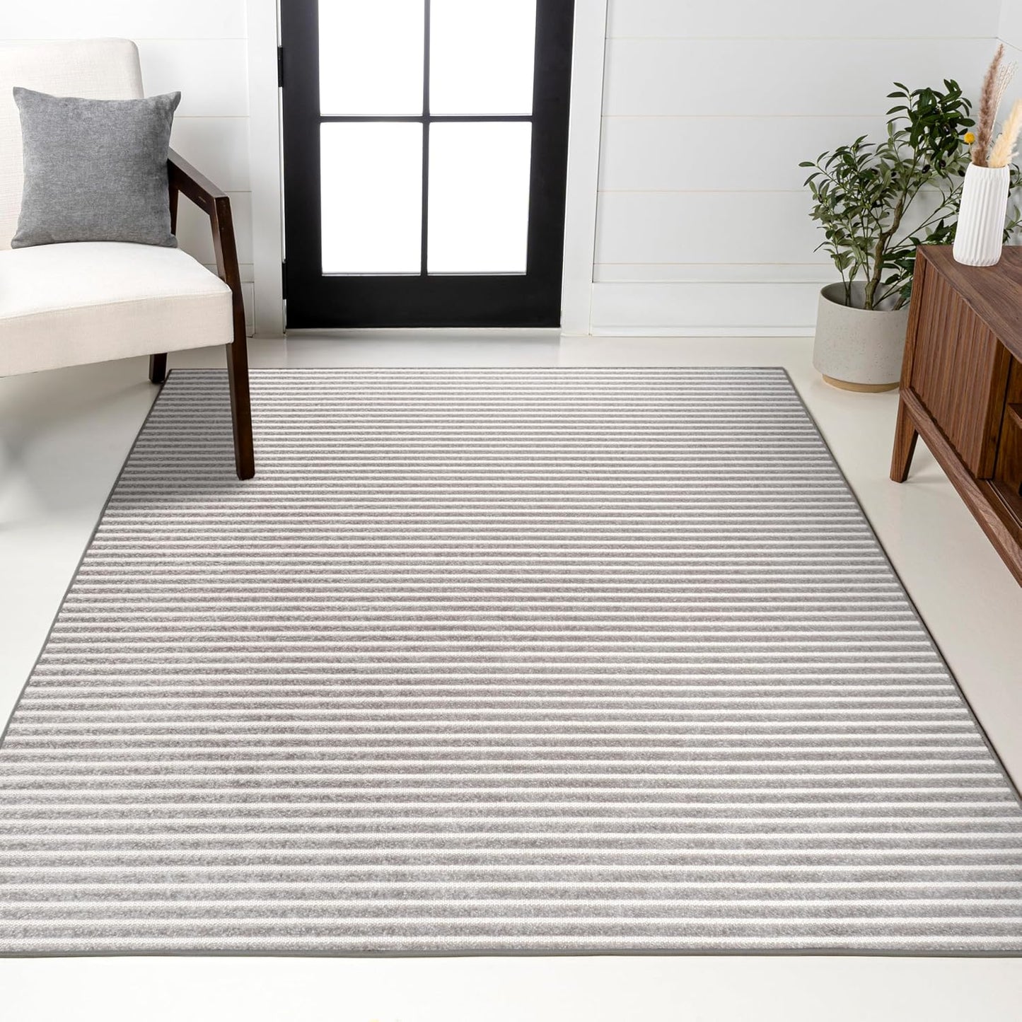 3x5, (SCN102D-3) JONATHAN Y Aarhus High-Low Striped Indoor/Outdoor Area Rug Gray/Ivory, Minimalist Geometric, Classic