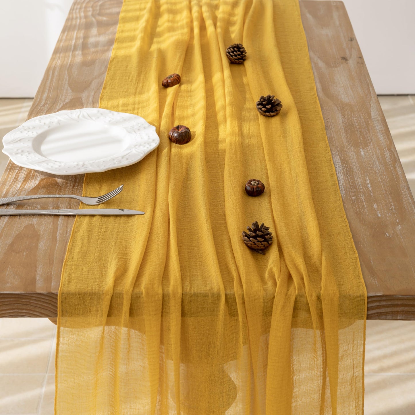 Keketoarrange Golden Yellow Summer Table Runner Cheesecloth Gauze Rustic 120 Inch 10 FT for Wedding Baby Shower Bridal Shower Birthday Engagement Garden Party Sheer Boho Spring Home Decorations