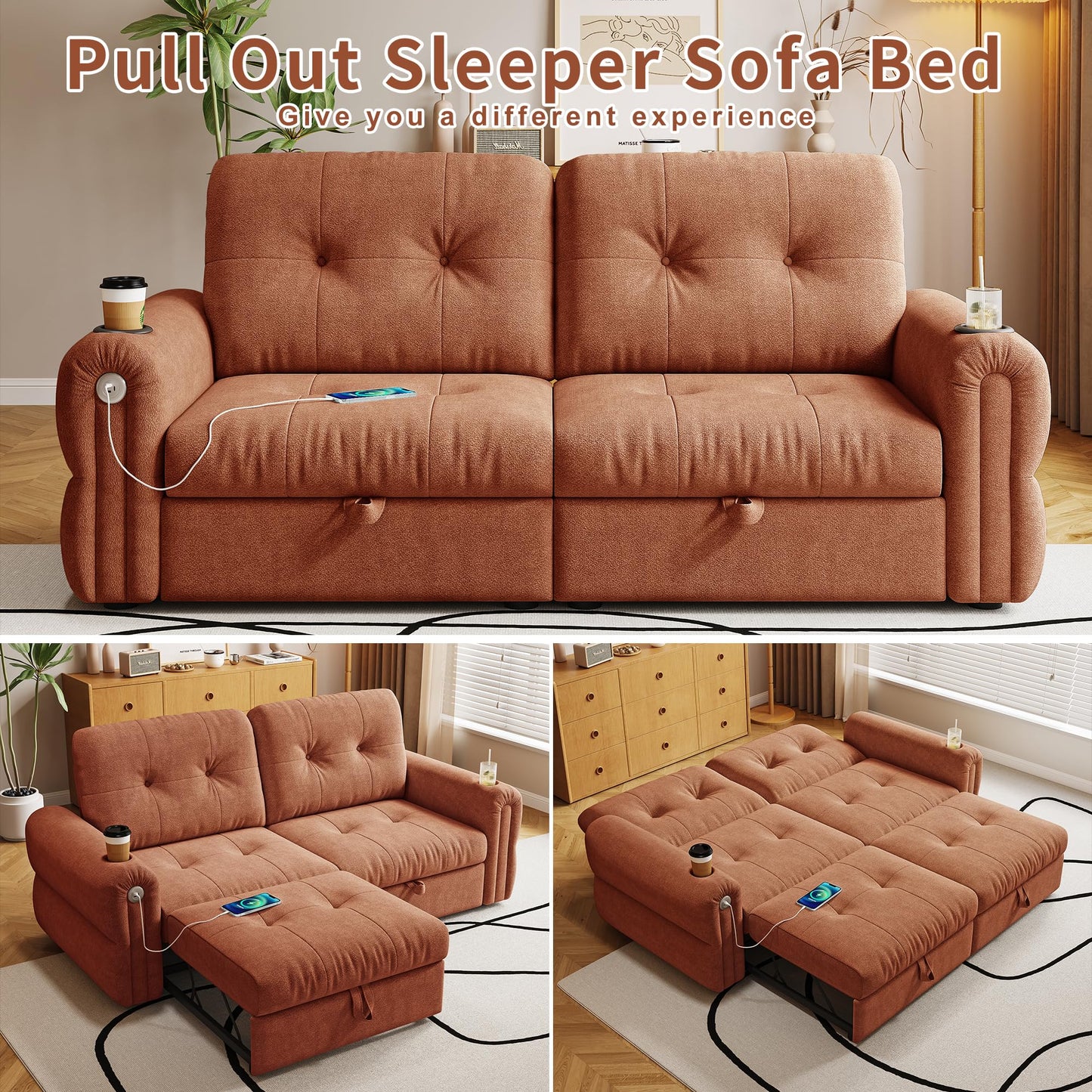 KEIKI 3 in 1 Sleeper Sofa Bed, 80.4" Pull Out Couch, Loveseat Sofa Futon Bed with USB Port for Living Room, Bedroom, Apartment, Orange