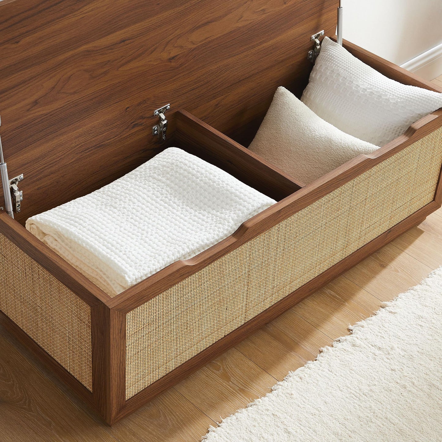 Modway Soma Rattan Storage Bench in Walnut – Faux Cane Flip-Top Low Profile Storage Ottoman for Bedroom, Entryway, or Living Room