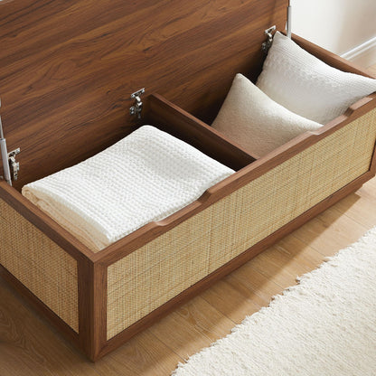 Modway Soma Rattan Storage Bench in Walnut – Faux Cane Flip-Top Low Profile Storage Ottoman for Bedroom, Entryway, or Living Room