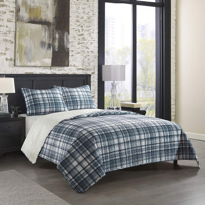 Dearfoams Stone Lane Plaid Micromink 3 Piece Quilt Set, King