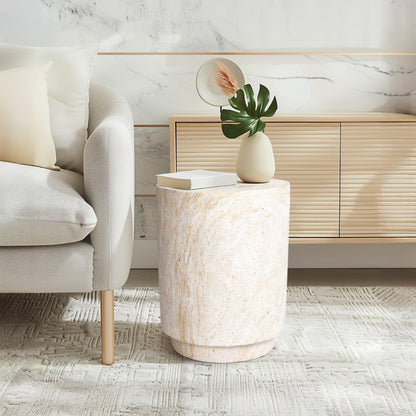 Empire Art Direct Cylinder Travertine Stone Finish Italian Design MgO Side Accent Table, Living Room, Bedroom & Office, 14.2"x14.2"x18.3"