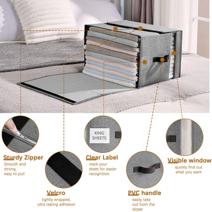 VECELO Bed Sheet Organizers and Storage, 2 IN 1 Foldable Sheet Organizer for Linen Closet with Window and Label, Bedding Storage Box for Blanket Queen and King Sheets Set Comforter Pillow, 2 Pack