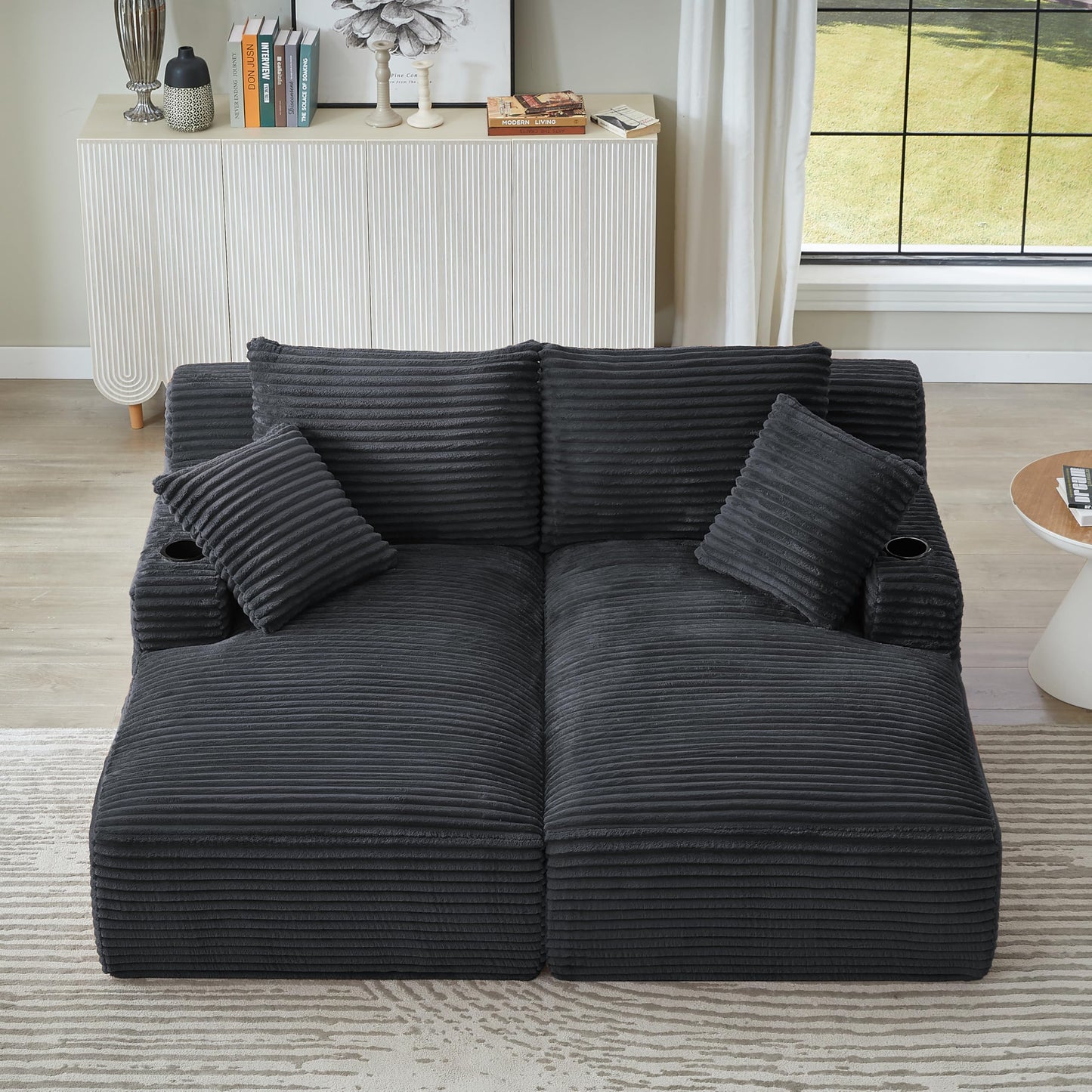 Eafurn Oversized Double Chaise Lounge Indoor with Cup Holders & Side Pocket, 71" Plush Corduroy Boneless Chaise Lounge Sofa with High Density Sponge & Deep High Seat Comfy Sleeper Couch Bed