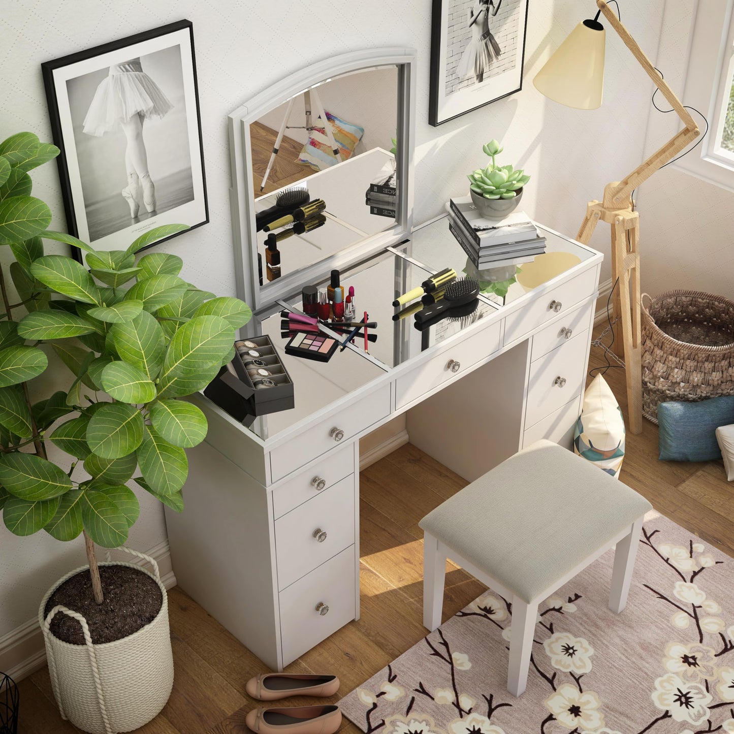 24/7 Shop at Home Juno Modern White Vanity Desk with Mirror and LED Lights, Makeup Table with 9 Drawers, Upholstered Stool with Wood Legs, Bedroom Furniture Set, Dressing Room, Youth Room