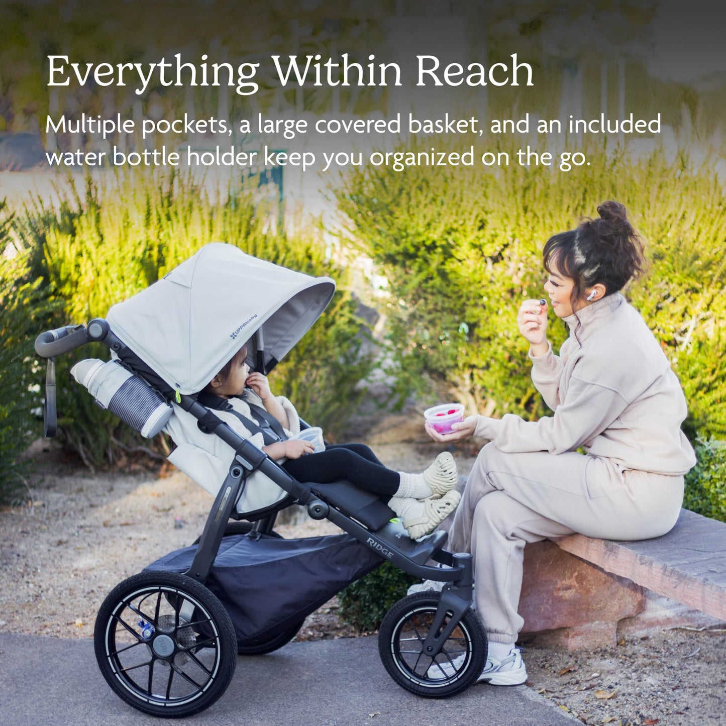 UPPAbaby Ridge V2 Jogging Stroller | All-Terrain Performance Suspension + Never-Flat Tires Built for Walking, Running + Trails | Water Bottle Holder Included | Savannah (Pearl Grey | Carbon Frame)