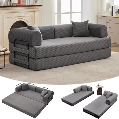 4 in 1 Convertible Sleeper Sofa Bed, 78.7" Boneless Corduroy Floor Couch with Pillows, Folding Futon Loveseat, Deep Seat Pull Out Sofa for Living Room, Apartment, Bedroom, No Assembly Required, Gray