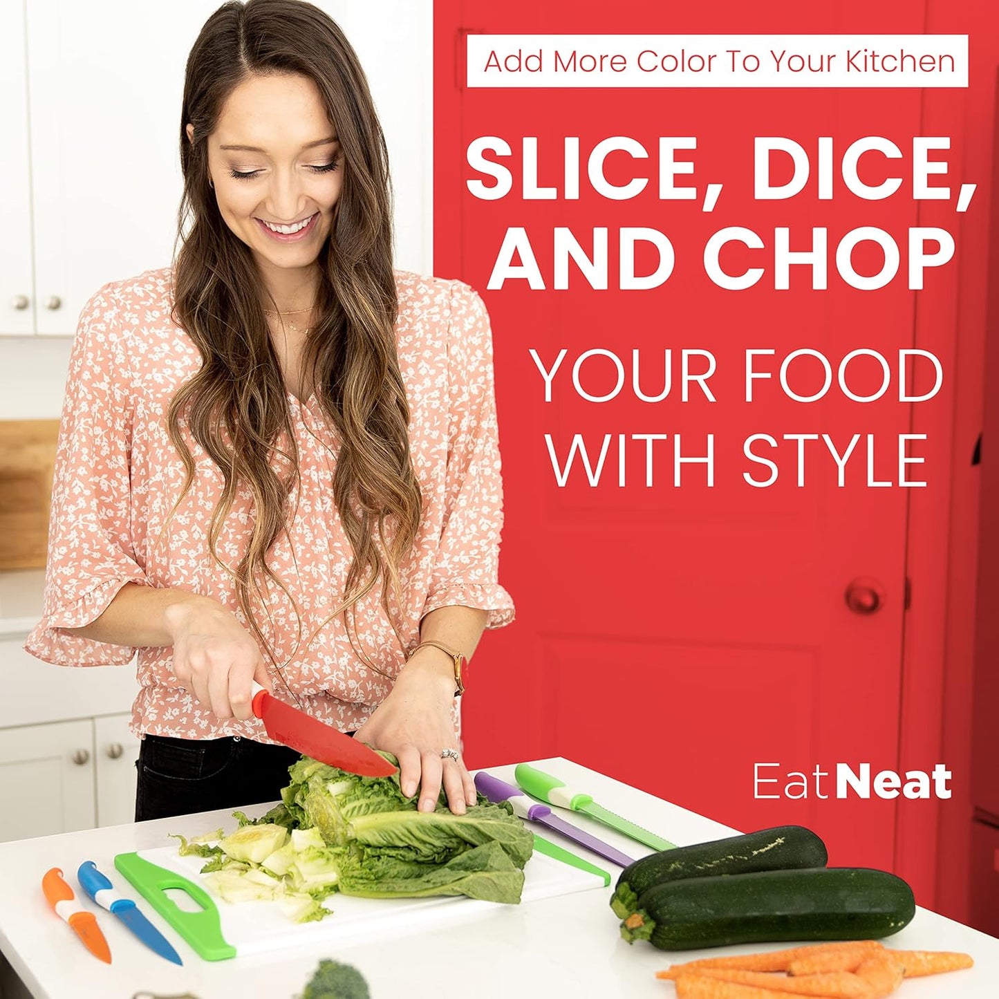 EatNeat 12 Piece Knife and Cutting Board Set, Colorful Non-Stick Stainless Steel Chef Knives with Sheaths & Sharpener