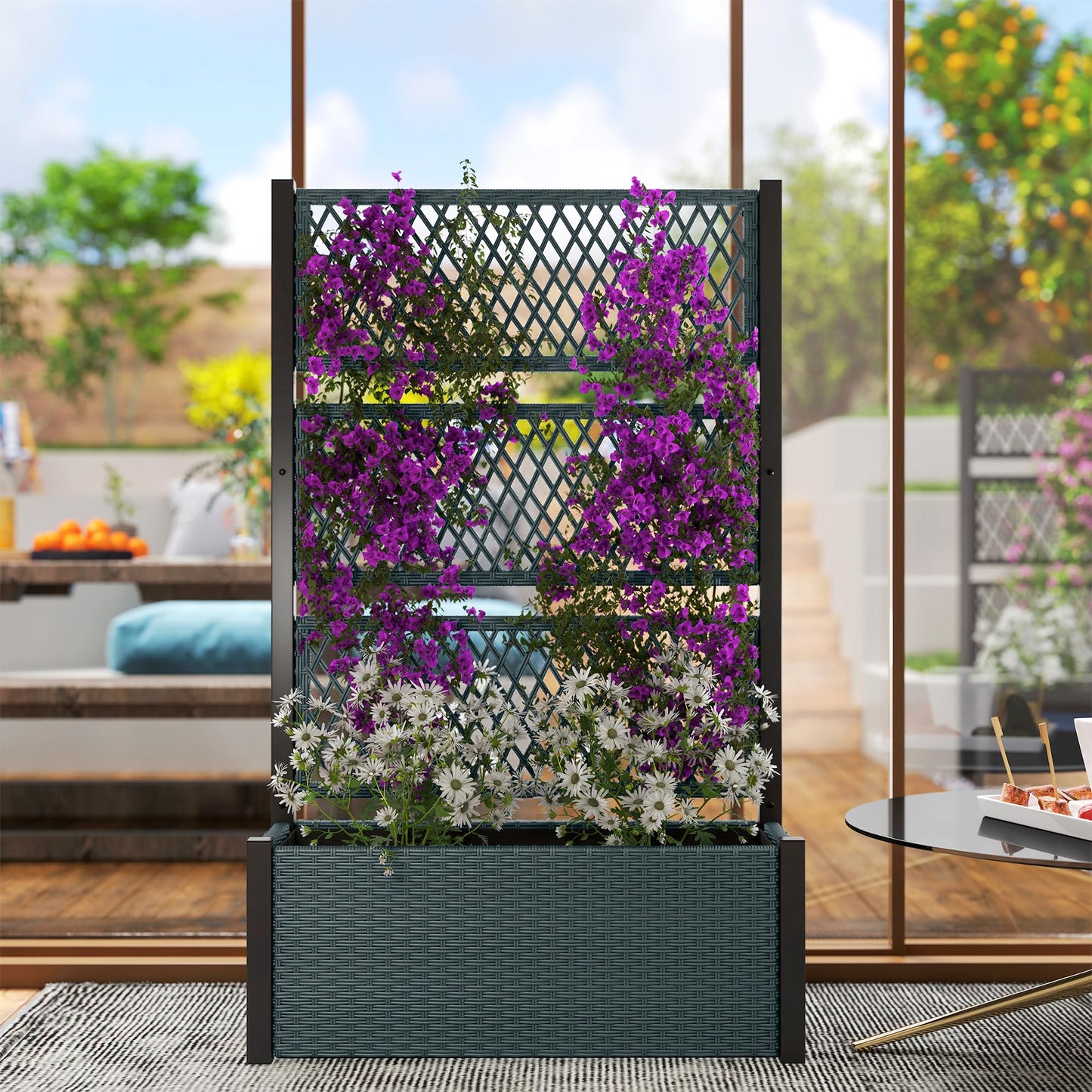 Outsunny Wicker Outdoor Planter with Trellis, 58" Standing Raised Garden Bed with Liner, Drainage Holes, Privacy Screen Planter Box for Climbing Plants, Flowers, Dark Grey