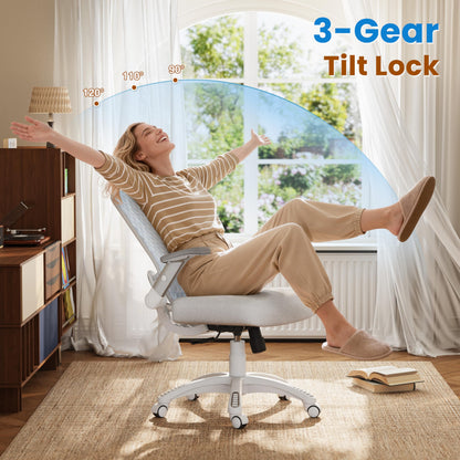 GABRYLLY Ergonomic Office Chair, High Back Home Desk Chair with Flip-Up Arms, 3D Headrest, Thick Sponge Seat &90-120° Recline, Big and Tall Mesh Executive Chairs for Man Woman, Glacier Flow