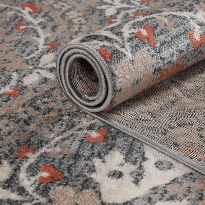 Superior Indoor Area Rug, Modern Oriental Floral Damask, 4' x 6', Jute Backed, Grey Brown for Living Room