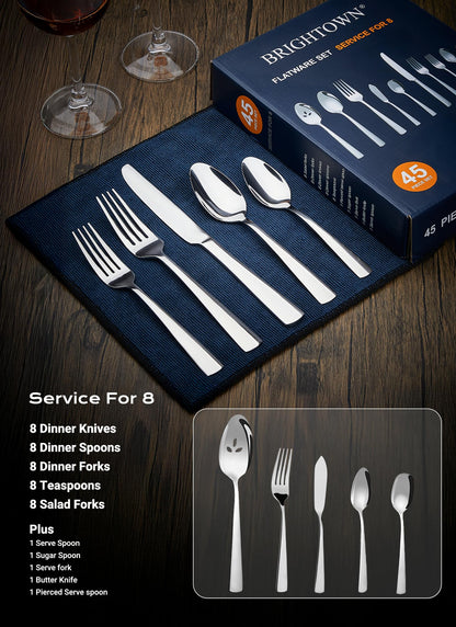45-Piece Flatware Sets, Silverware Set for 8, Durable Stainless Steel Tableware in Ergonomic Design Size and Weight, Kitchen Utensils Set with Steak Knives, Rust-proof, Dishwasher Safe