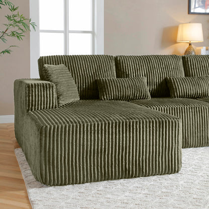 109" Modular L-Shaped Corner Cloud Sofa Corduroy Modular Couches with Deep Seat, 3 Pieces Compressed Boneless Sofa W/Left Chaise Lounge and 4 Pillows for Living Room
