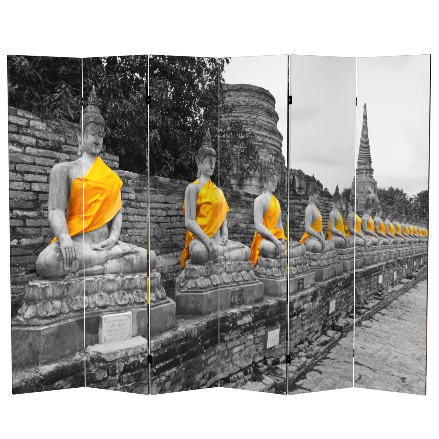 Red Lantern 6 ft. Tall Double Sided Golden Buddhas Room Divider 6 Panel Freestanding Folding Privacy Screen, Partition, and Separator for Modern and Contemporary Bedroom, Home Office, Studio, Dorm