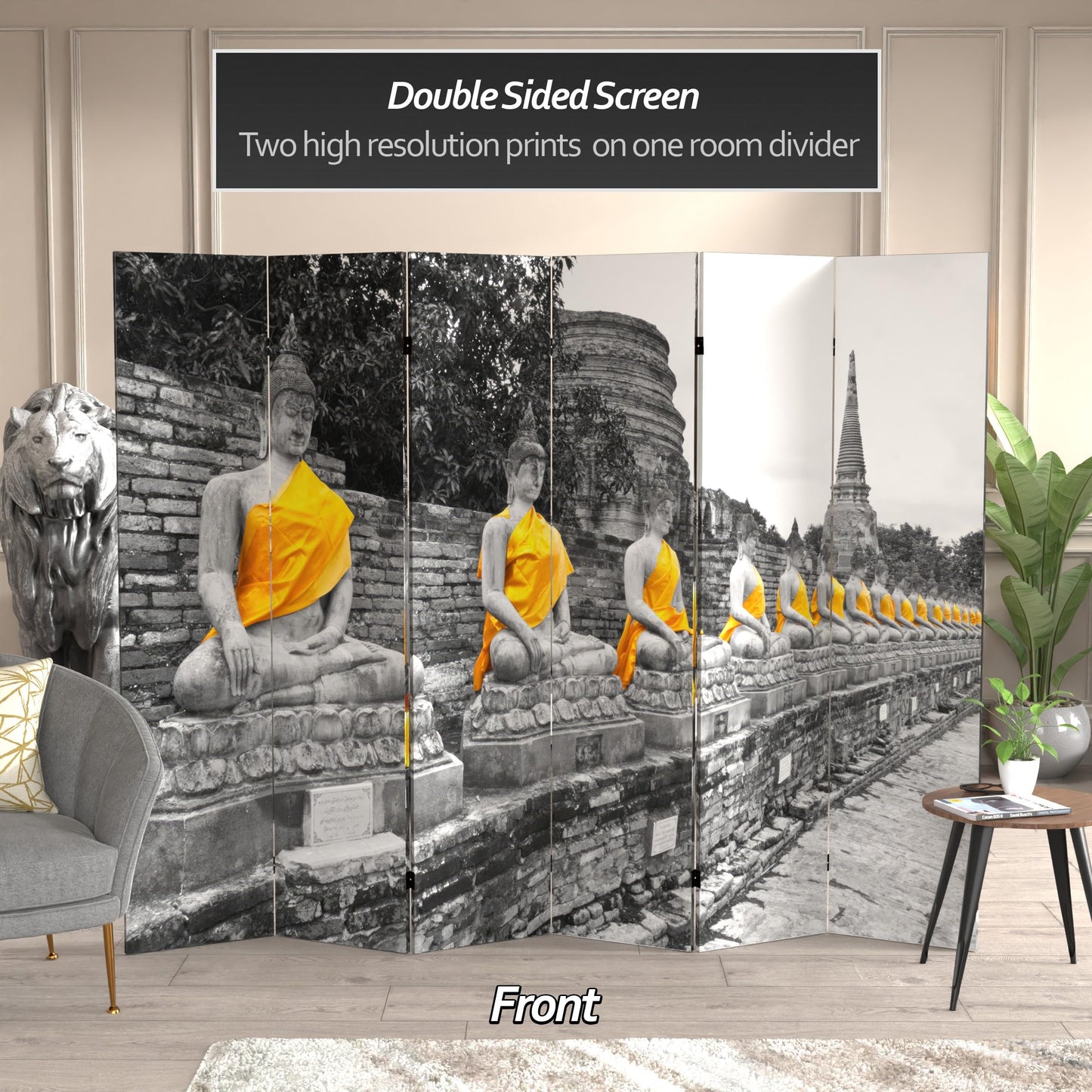 Red Lantern 6 ft. Tall Double Sided Golden Buddhas Room Divider 6 Panel Freestanding Folding Privacy Screen, Partition, and Separator for Modern and Contemporary Bedroom, Home Office, Studio, Dorm