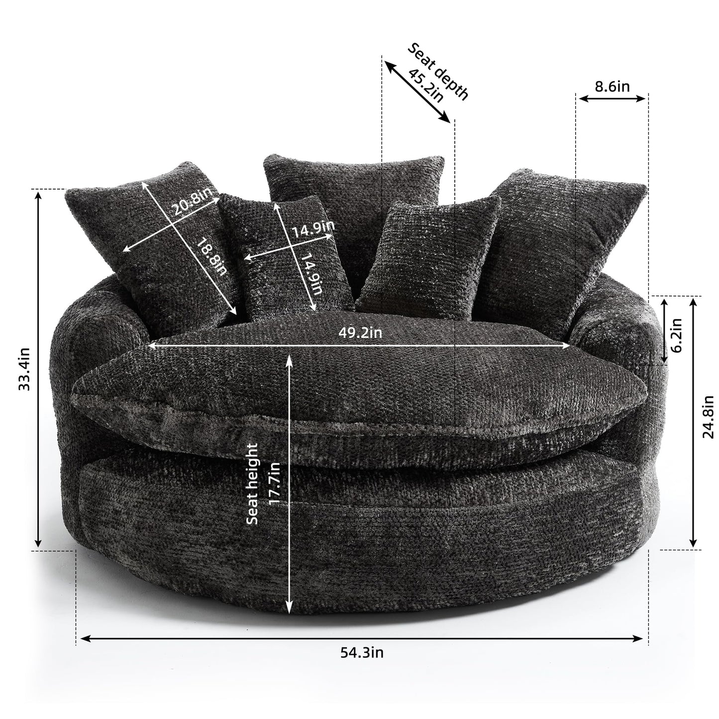 LITVZ Oversized Round Chaise Lounge Indoor, Comfy Round Boneless Sofa Chair with Extra Deep Seat, Cozy Memory Foam Cuddle Circle Couch and 5 Pillows for Reading Living Room