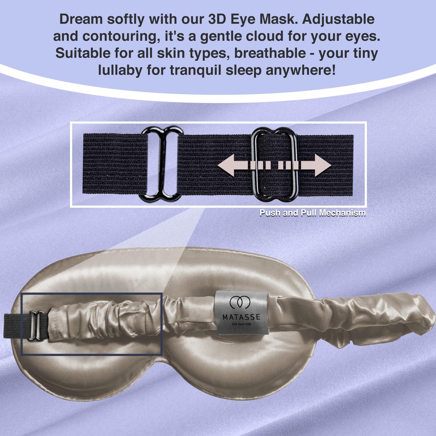 MATASSE Silk Eye Mask for Sleeping with Adjustable Elastic Band - 3D Contoured, Eye Cover Sleep Mask w/Genuine Mulberry Silk Including The Strap for Women, Men (Black)