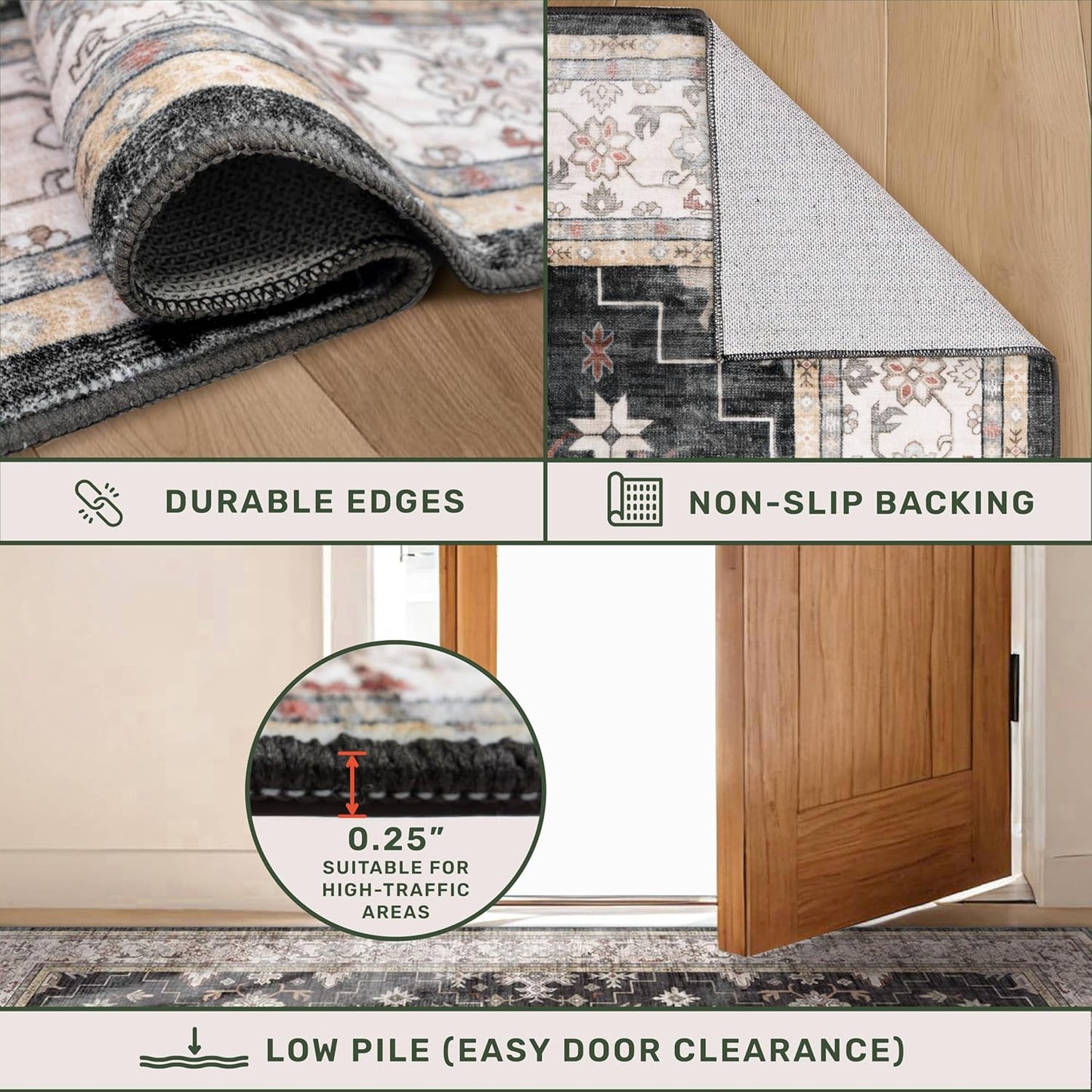 Regine Switzerland Entryway Runner Rugs - Non-Slip, Washable, Vintage Floral Design | 2x4 Feet, Ashen/Multi