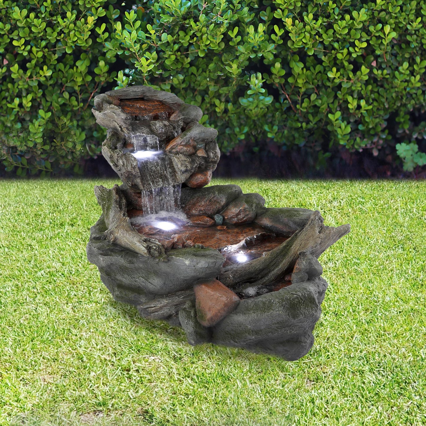 Alpine Corporation | 60"L Outdoor 3-Tier Rainforest Rock River Hand-Painted Water Fountain with LED Lights — Garden, Patio & Yard Décor