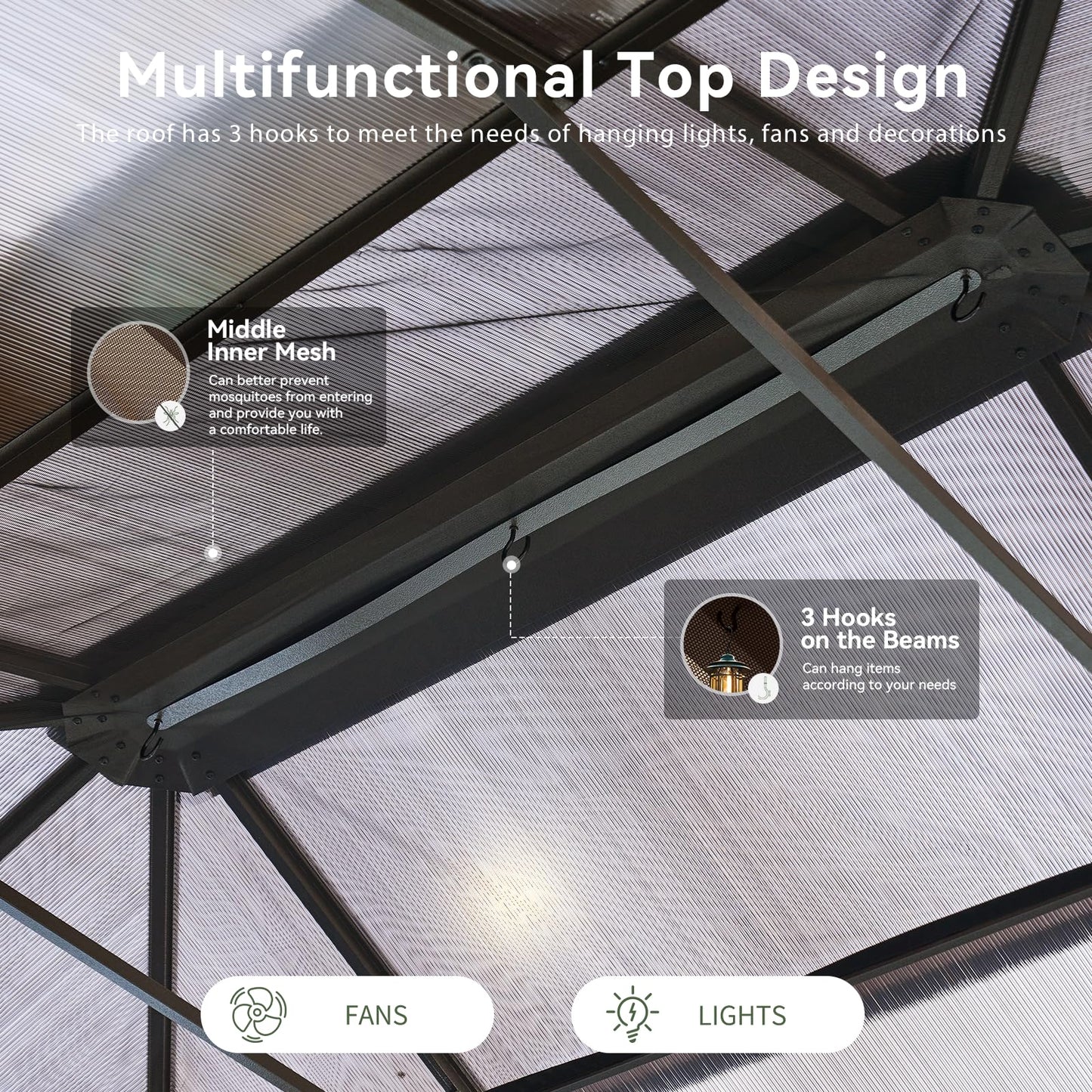 Aoxun 12'x16' Hardtop Gazebo, Outdoor Metal Gazebo with Double Polycarbonate Roof Canopy, Permanent Pavilion with Netting and Curtains for Lawn, Garden, Patio (Khaki)
