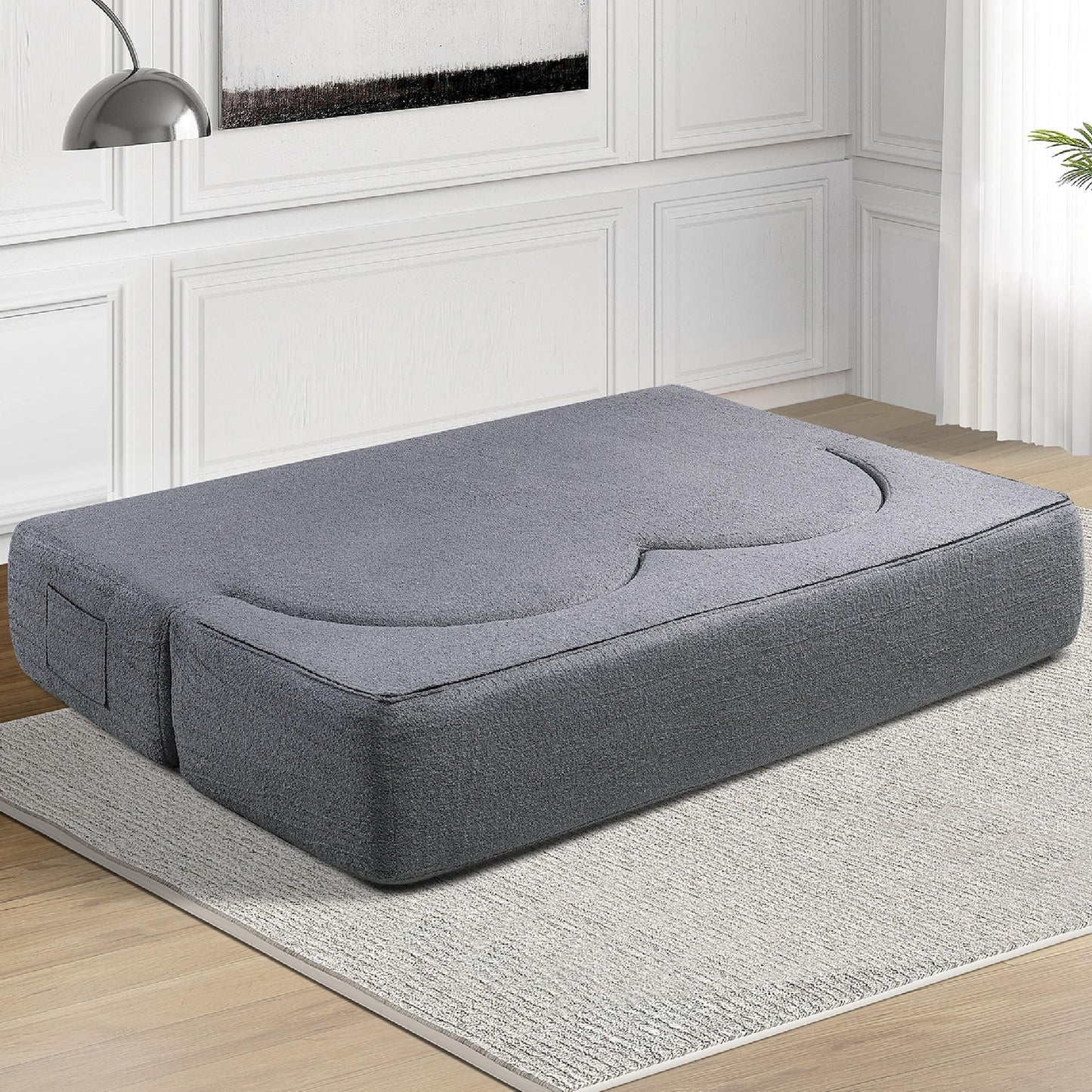 KEIKI 79" Convertible Floor Sofa Bed, Fold ‌Teddy Sleeper Cloud Couch with Storage & Deep Seat, Comfy Upholstery Curved Boneless Futon Couches, 2-in-1 Sofas for Living Room Bedroom, No Assembly, Grey