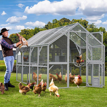 KEIKI 110"L Outdoor Large Chicken Coop with Waterproof Cover, Roosting Platform, Wire Mesh & 2 Lift Small Doors with Locks, Wood Chicken Coop House with Run for Cat Kitten Playpen, Duck, Rabbit, Quail