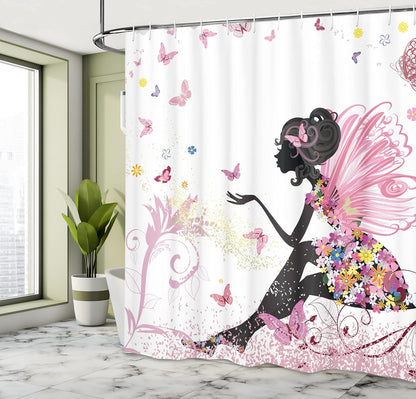 Ambesonne Girls Shower Curtain, Pink Butterfly Girl with Floral Dress, Fabric Bathroom Decor Set, 84 Inches