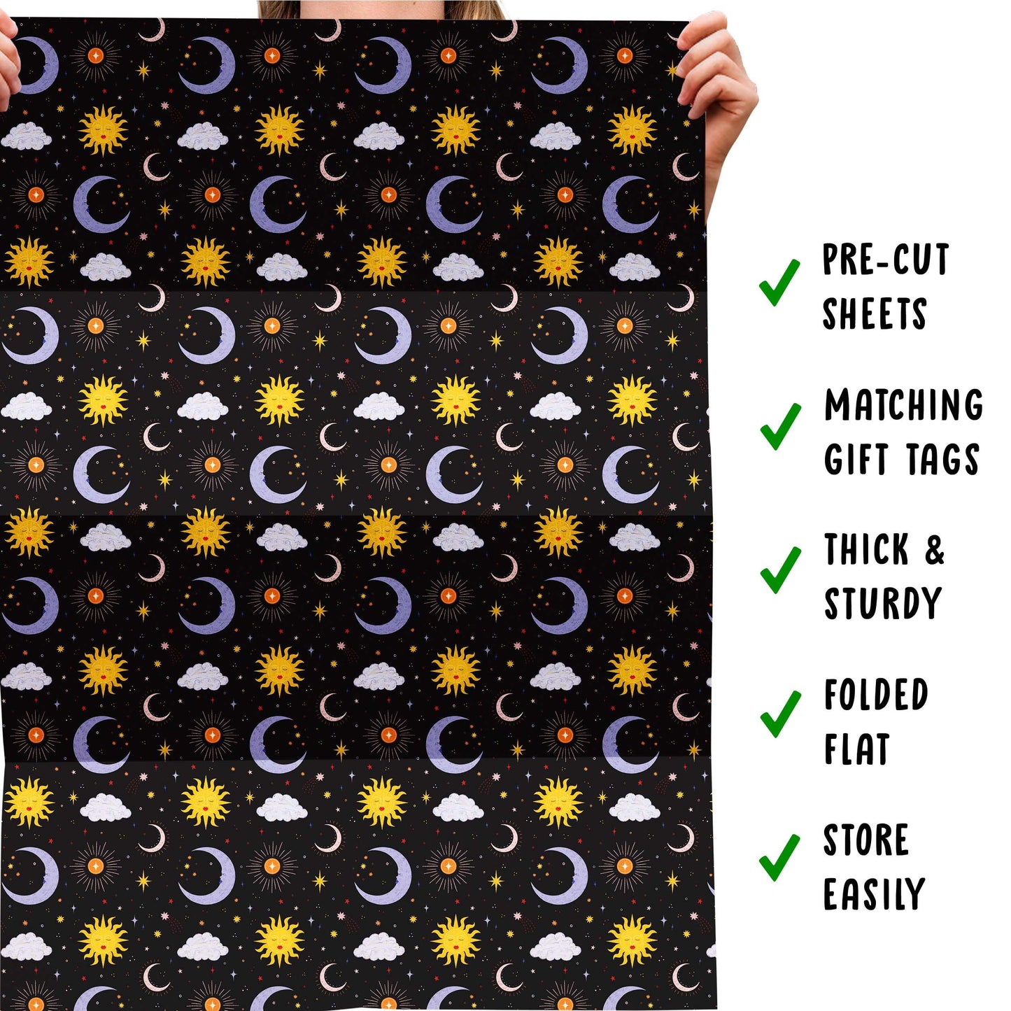CENTRAL 23 Black Celestial Gift Wrap - 6 Sheets With Moons, Suns & Stars Galaxy - Birthday Wrapping Paper For Teens, Adults & Astrology Lovers - Christmas Holidays, Halloween - Recyclable