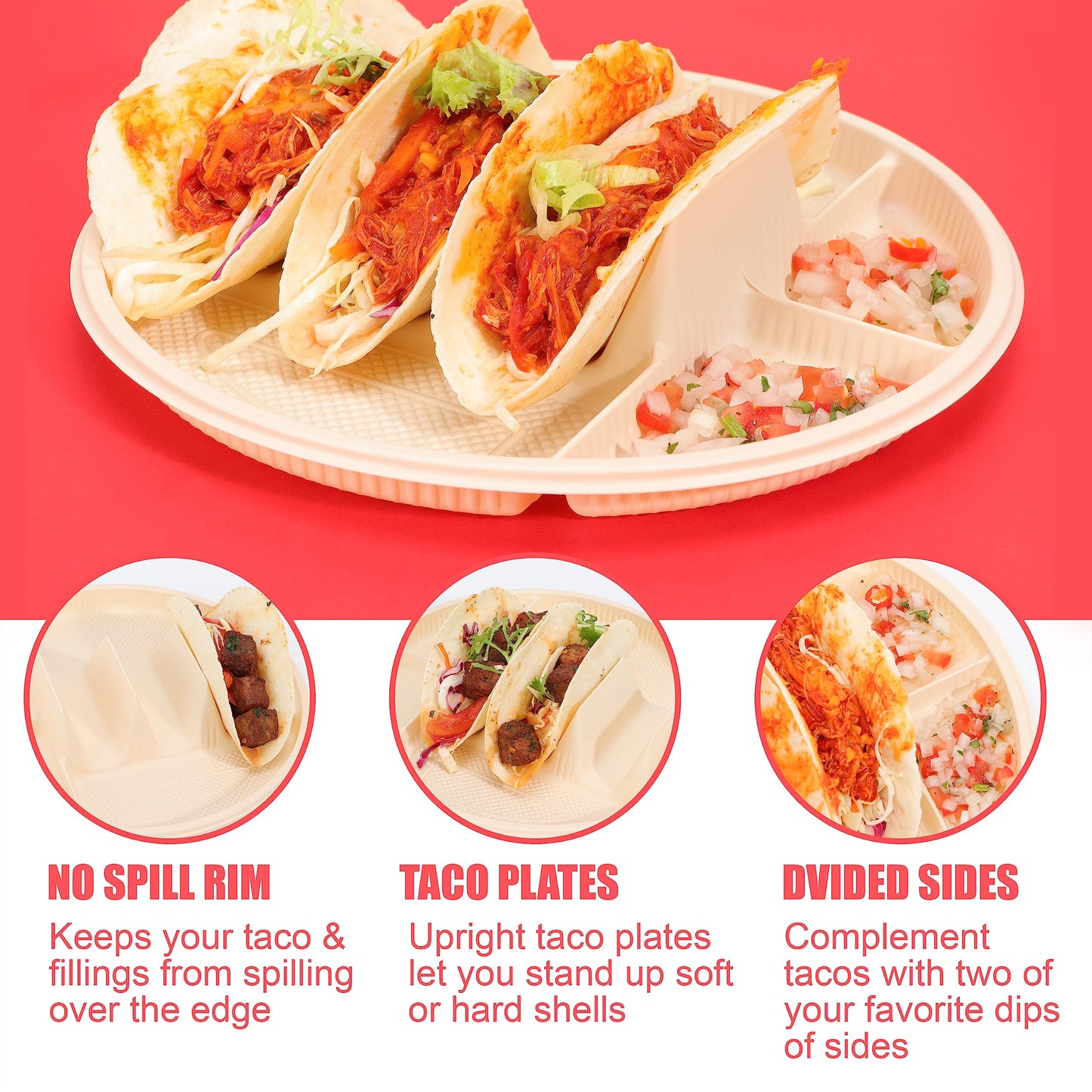 Large Disposable Taco Plates With Dipping Sides - 20 Pack, Biodegradable Cornstarch Taco Holder, Big Size Fit 6-8 Inch Soft & Hard Tortilla, Sturdy & Microwave Safe, Bar Serving Set For A Party