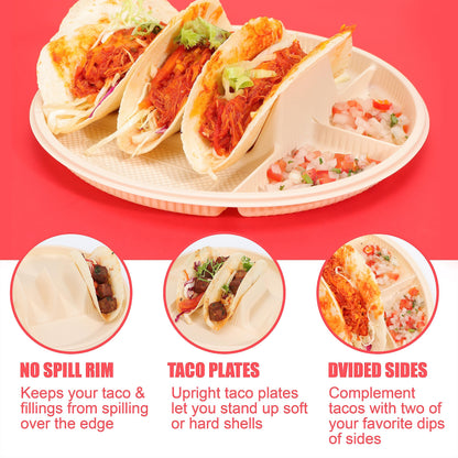 Large Disposable Taco Plates With Dipping Sides - 20 Pack, Biodegradable Cornstarch Taco Holder, Big Size Fit 6-8 Inch Soft & Hard Tortilla, Sturdy & Microwave Safe, Bar Serving Set For A Party