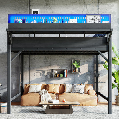 KEIKI Queen Size Metal Loft Bed Frame with Storage Shelves & Pegboard, Modern Loft Bed with USB Ports and LED Lights for Adults Studio Apartments Home Offices & Multifunction Bedrooms