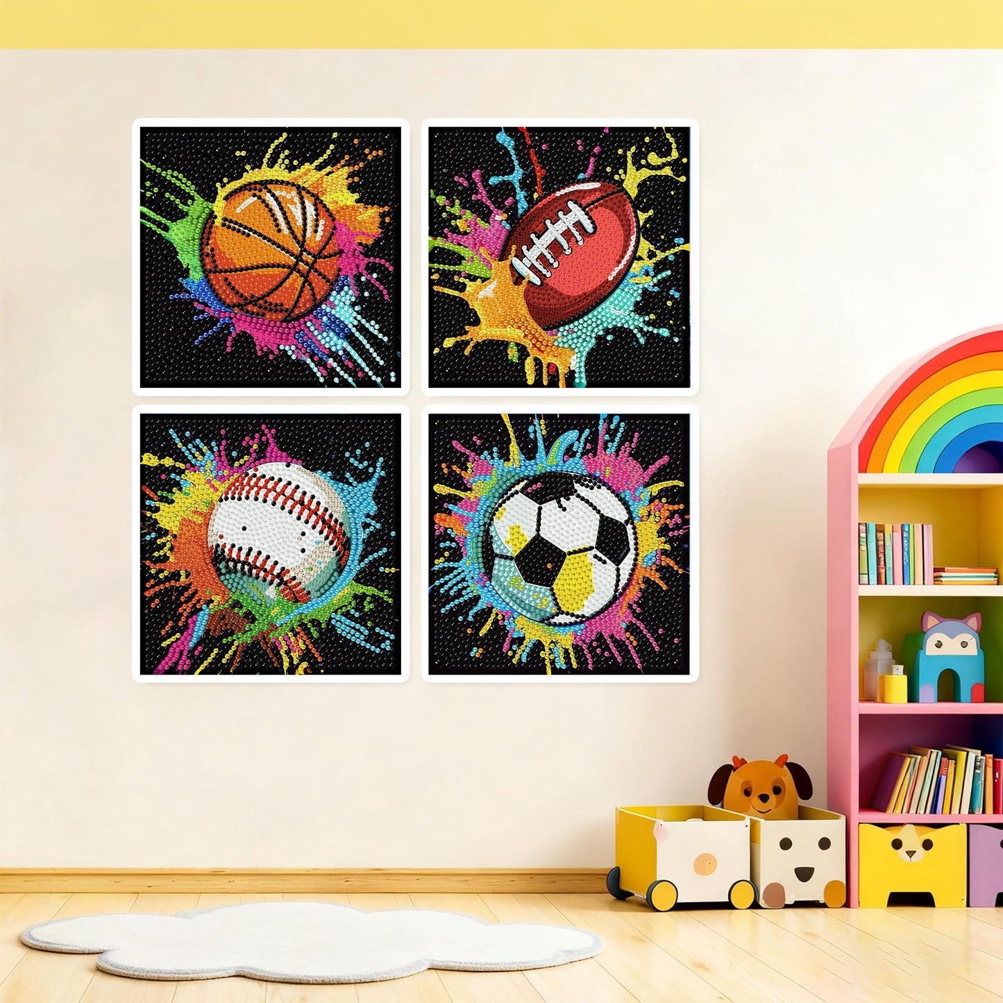 bleihum 4 Pack Diamond Art Painting Kits for Kids, Sports Small Diamond Art for Kids Ages 8-12, Cute Football Gem Art Kits for Kid Gift Home Wall Decor 6X6 inch
