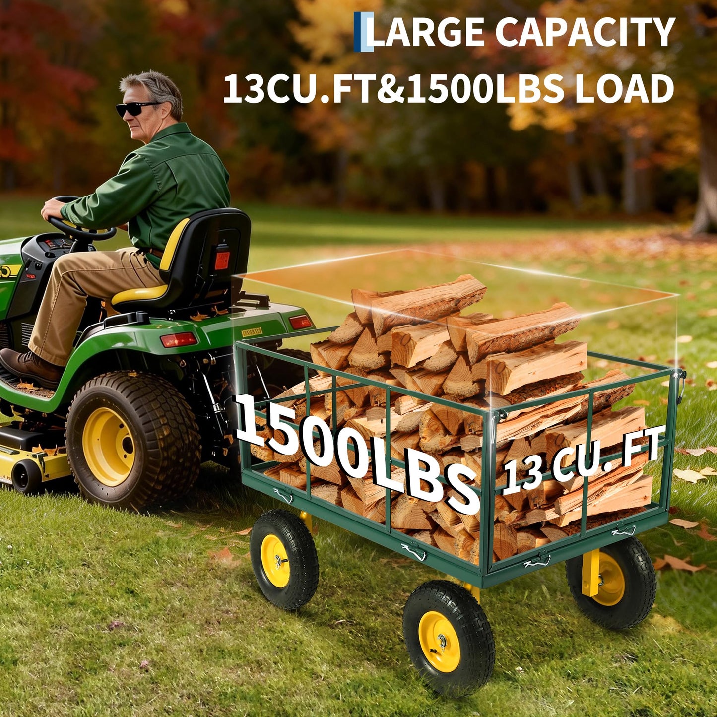 Heavy Duty 1500 Lbs Mesh Steel Garden Cart, Folding Utility Wagon with Removable Sides & All-Terrain Wheels, 3-in-1 ATV Trailer for Garden, Lawn and Farm Hauling