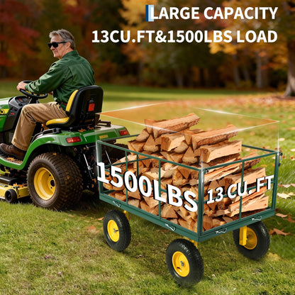 Heavy Duty 1500 Lbs Mesh Steel Garden Cart, Folding Utility Wagon with Removable Sides & All-Terrain Wheels, 3-in-1 ATV Trailer for Garden, Lawn and Farm Hauling