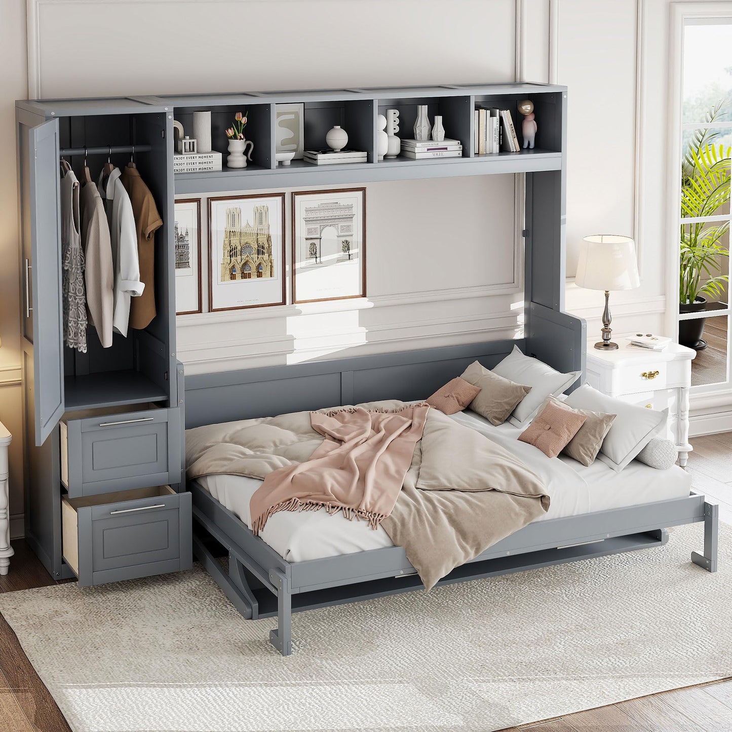 Ball & Cast Murphy Bed Full Size with Five-Layer Cabinet,Solid Wood Storage Hidden Wall Bedframe,W/Folding Designed,Space-Saving,for Home Office,Study,Guest Room,Gray