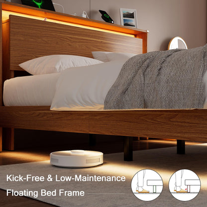 Einhomn King Size Bed Frame with LED Lights & Charging Station – Wood Floating Bed Frame with Storage Headboard, Adhesive Slats, Kick-Free & Noise-Free Design, Easy Assembly, Walnut