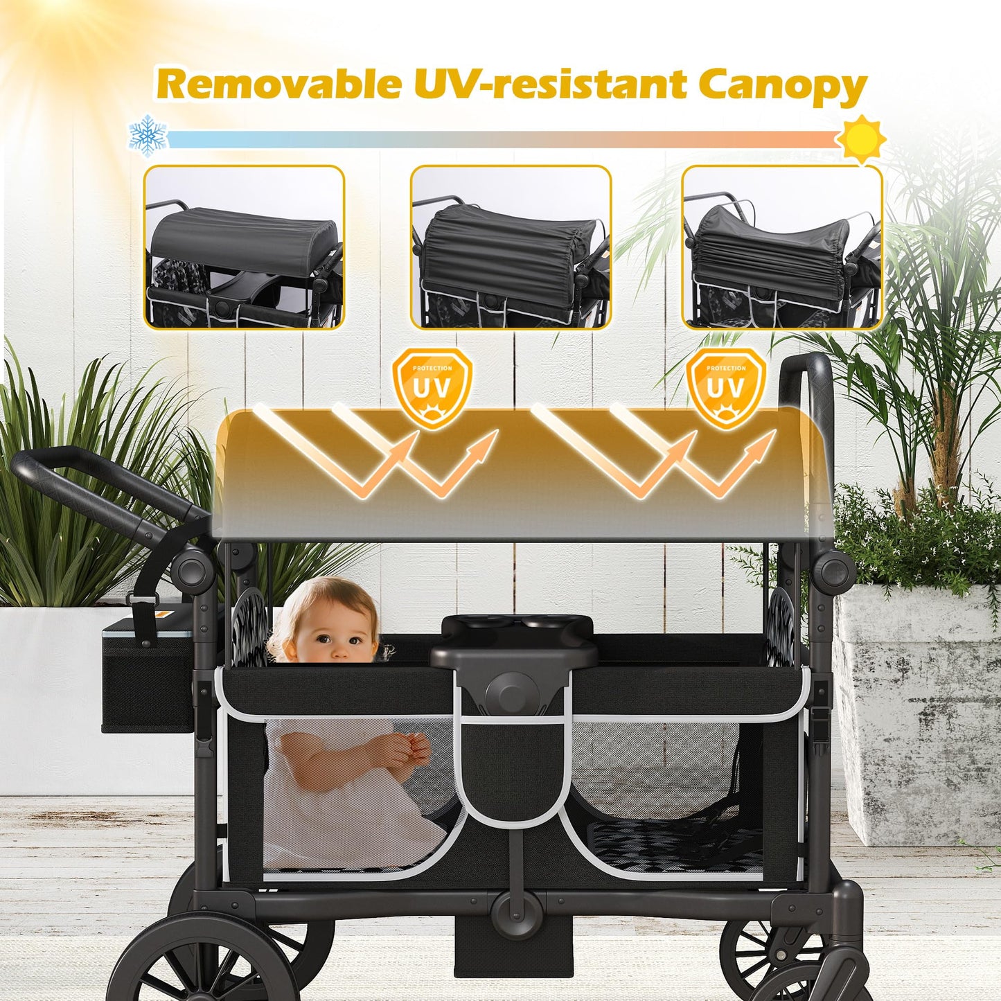 Xilingol 4-Seater Wagon Stroller for Kids, Foldable Outdoor Wagon with Canopy, Adjustable Handle, 5-Point Harness, Detachable Tray & Carry Bag (Black)