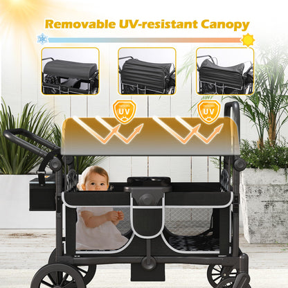 Xilingol 4-Seater Wagon Stroller for Kids, Foldable Outdoor Wagon with Canopy, Adjustable Handle, 5-Point Harness, Detachable Tray & Carry Bag (Black)
