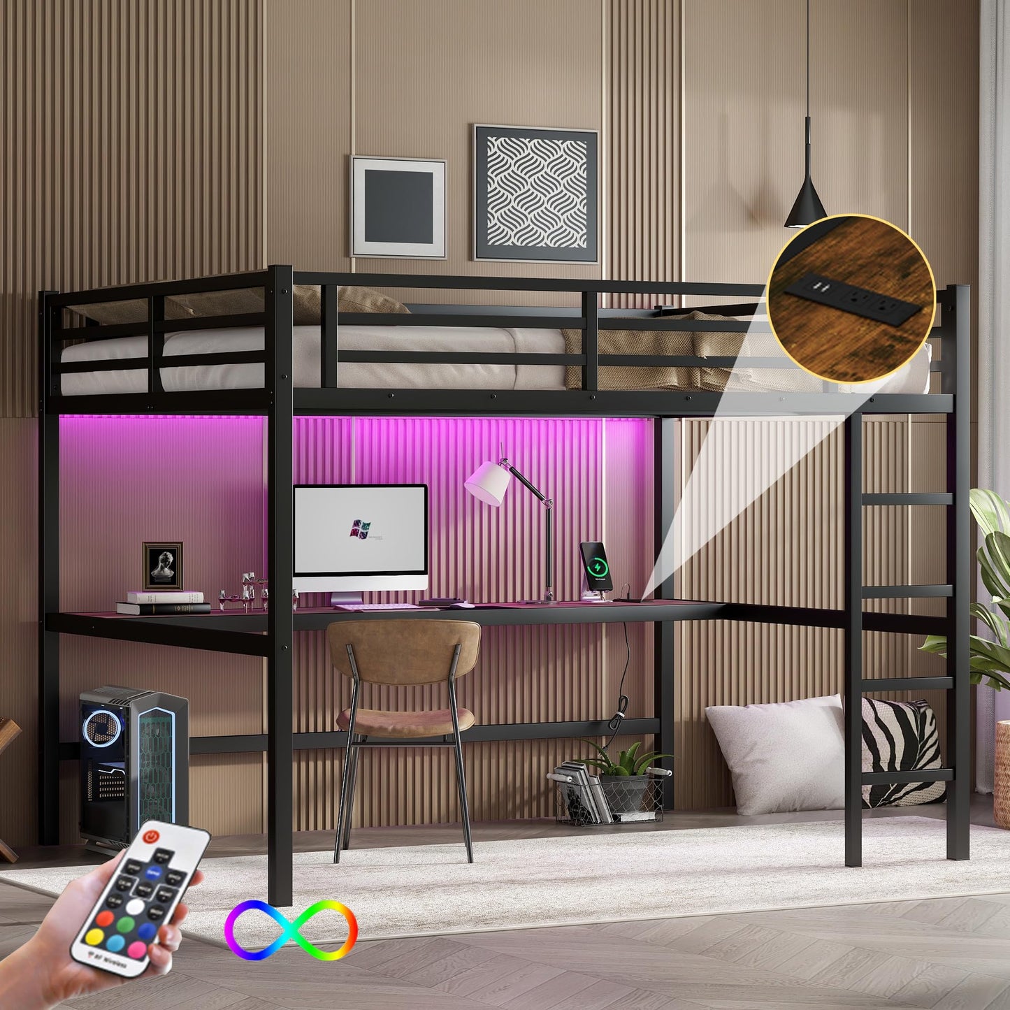 Bellemave Metal Queen Size Loft Bed with Desk and Charging Station,Queen Heavy Duty Loft Bed Frame with LED Lights and USB for Kids,Teens,Adults,Black