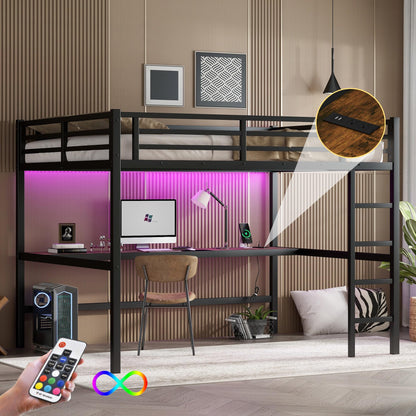 Bellemave Metal Queen Size Loft Bed with Desk and Charging Station,Queen Heavy Duty Loft Bed Frame with LED Lights and USB for Kids,Teens,Adults,Black