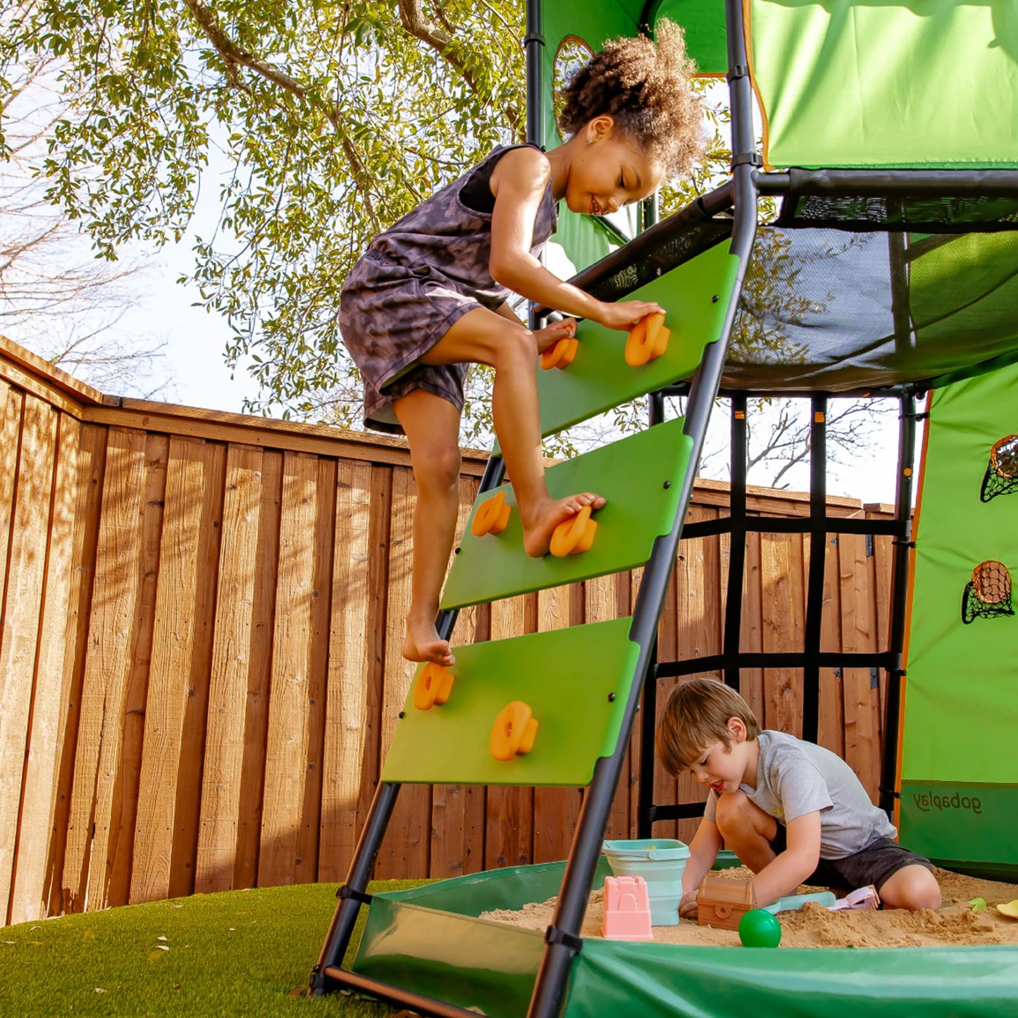 gobaplay SummitPro Climbing Tower with Slide, 600 lb Capacity, Green - Outdoor Backyard Playset with Climbing Walls and Sandbox for Kids 6+