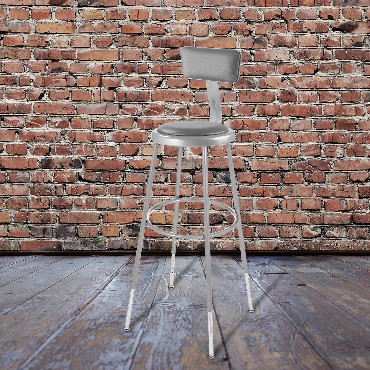 OEF Furnishings OEF6430HB/2 Premium Commercial-Grade All-Purpose Round Stool with Backrest (Height-Adjustable, 30–38 inch Range, Gray Frame, Vinyl Padded Seat, 2-Pack)