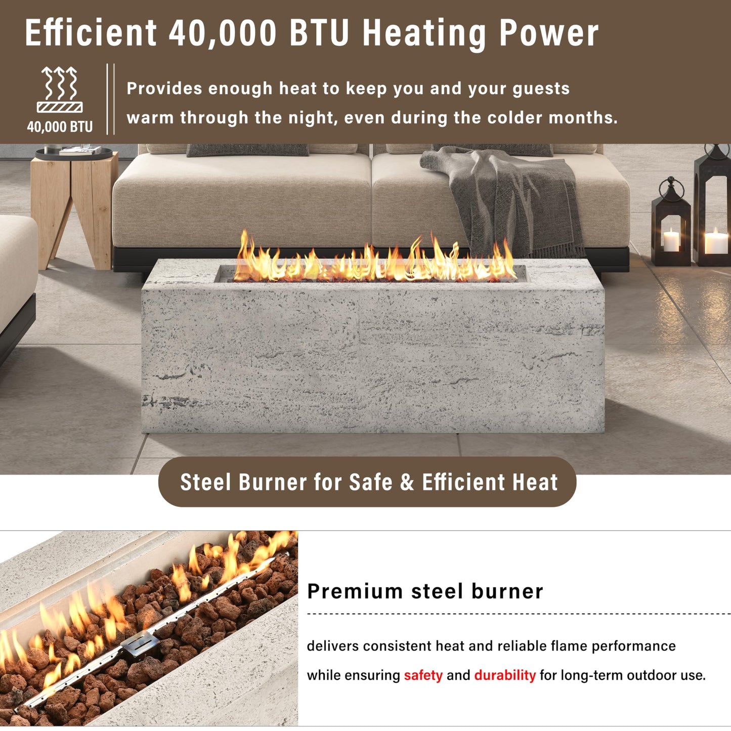 GDFStudio 41.9" MgO Rectangular Propane Fire Pit Table, 40000 BTU Outdoor Fire Pit with Stainless Steel Burner, Lava Rocks & Waterproof Cover, Tabletop Fire Pit for Backyard Patio Parties, Beige+Gray