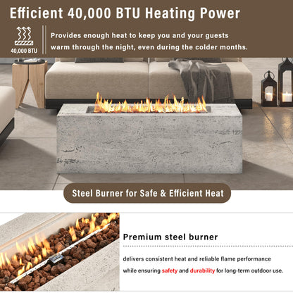 GDFStudio 41.9" MgO Rectangular Propane Fire Pit Table, 40000 BTU Outdoor Fire Pit with Stainless Steel Burner, Lava Rocks & Waterproof Cover, Tabletop Fire Pit for Backyard Patio Parties, Beige+Gray