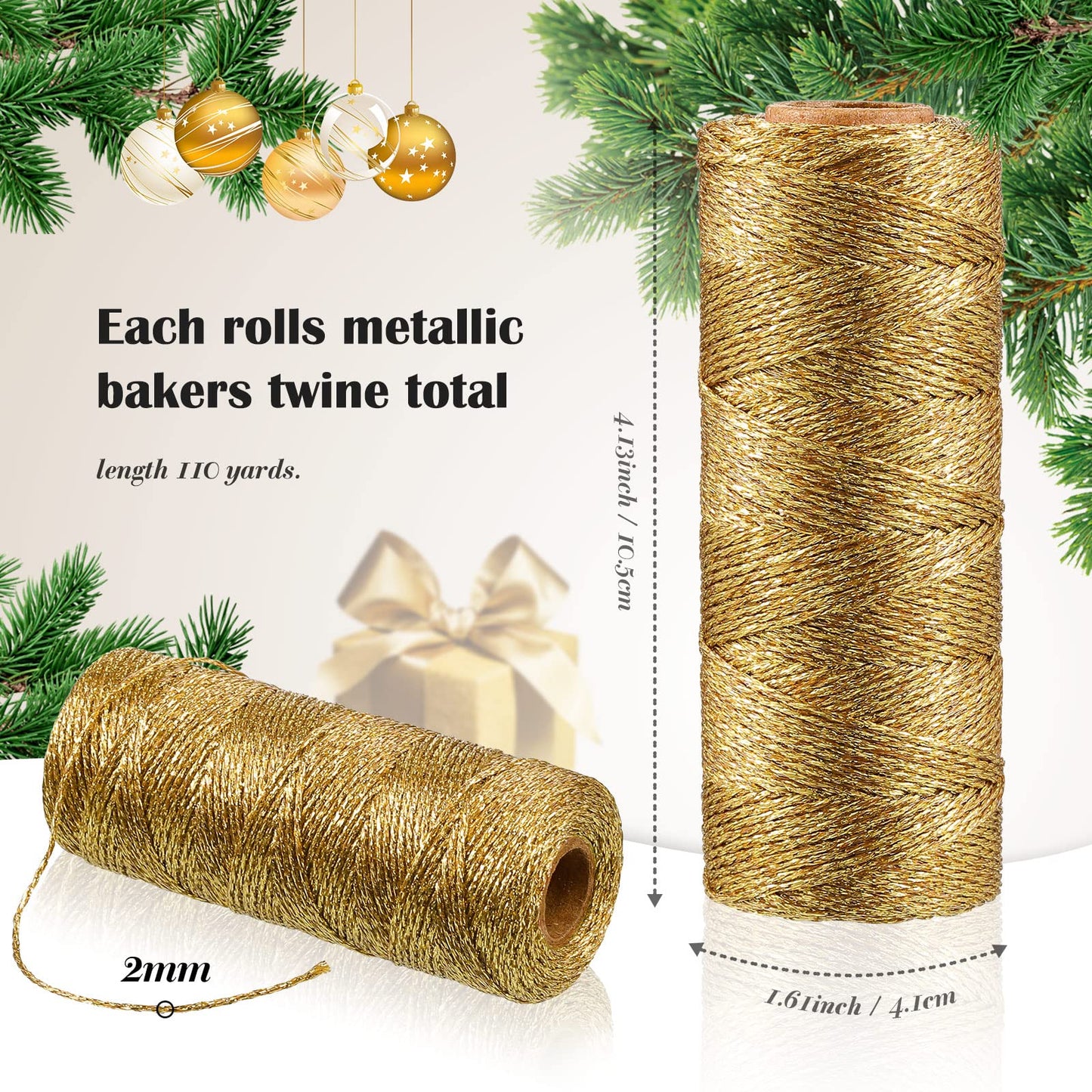 4 Rolls Christmas Metallic Bakers Twine 110 Yards Decorative Wrapping Twine String for DIY Crafts Packing Materials (Gold, Silver, Red, Green)