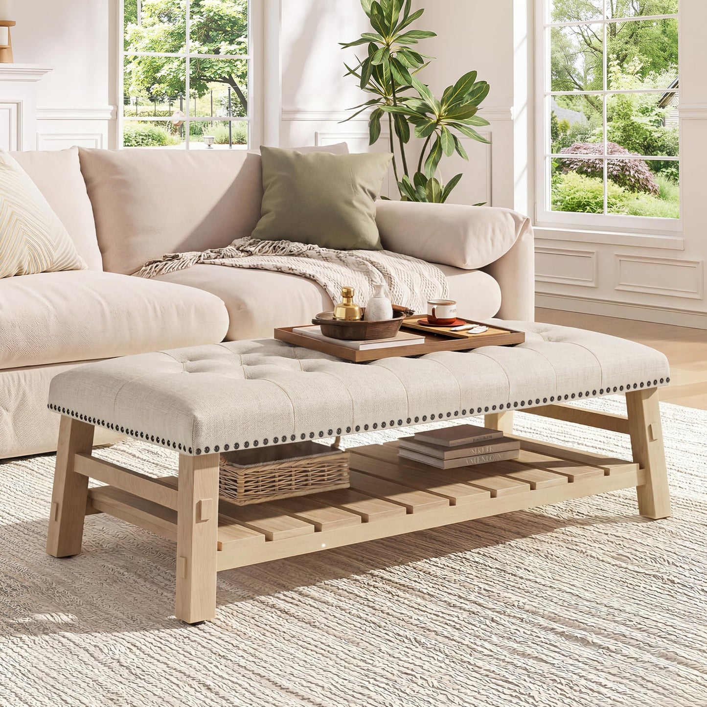 Merax 48" Large Rectangle Linen Blend Ottoman Coffee Table, Button Tufted with Slatted Storage Shelf, Upholstered Footstool Bench with Nailhead Trim & Solid Wood Legs, Seats for Living Room, Beige